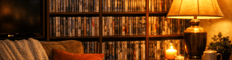 Living room with a sofa, an open book, popcorn bowl, a mug, candles, and a lamp in front of a large bookshelf filled with movies or books