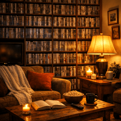 Living room with a sofa, an open book, popcorn bowl, a mug, candles, and a lamp in front of a large bookshelf filled with movies or books