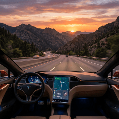 Interior view of Tesla dashboard and steering wheel driving on highway with mountain sunset