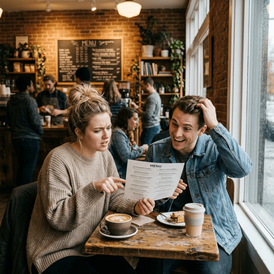 A woman and man looking at a menu in a coffee shop, the woman pointing while the man smiles and scratches his head
