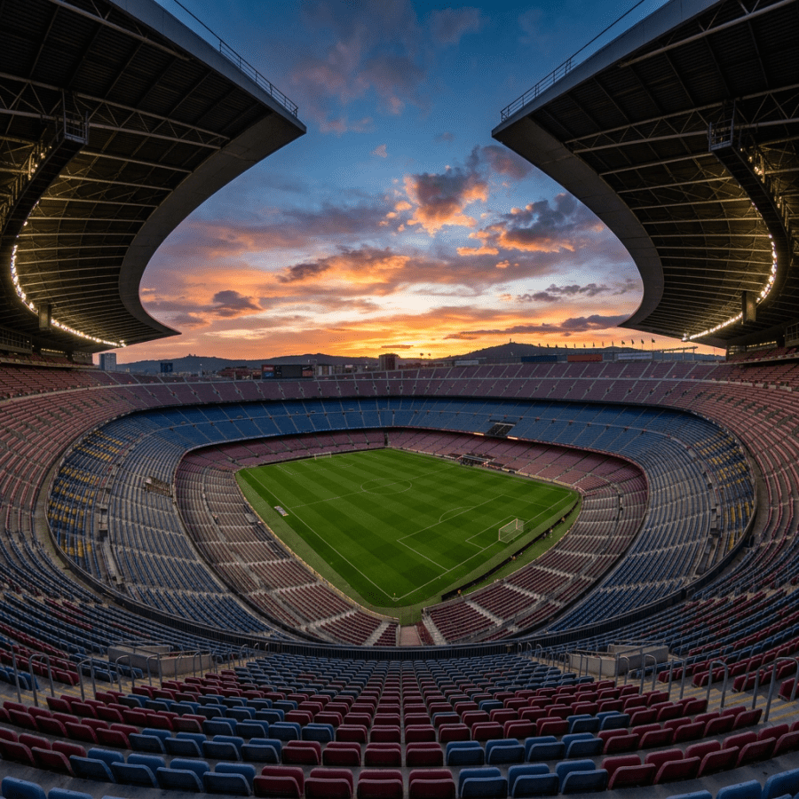 Panoramic view of a large empty football stadium with green field and red and blue seats under a vibrant sunset sky